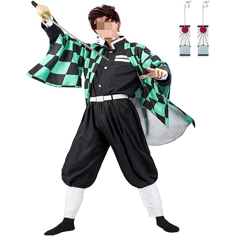 Men's Green Chequer Cosplay Costume Outfit Robe Kimono Uniform, XL - Picture 2 of 4